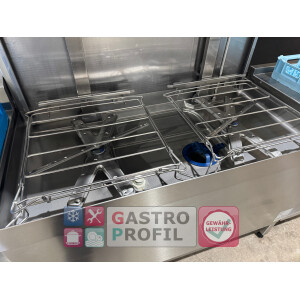 Hobart Doppelkorb-Haubenspülmaschine AUPT-10A Bj. 2019 + Zu - und Ablauftisch + Galgenbrause